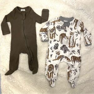 Mebie Olive Organic Ribbed Zipper + Honest Baby Organic Tiger-Print Footie